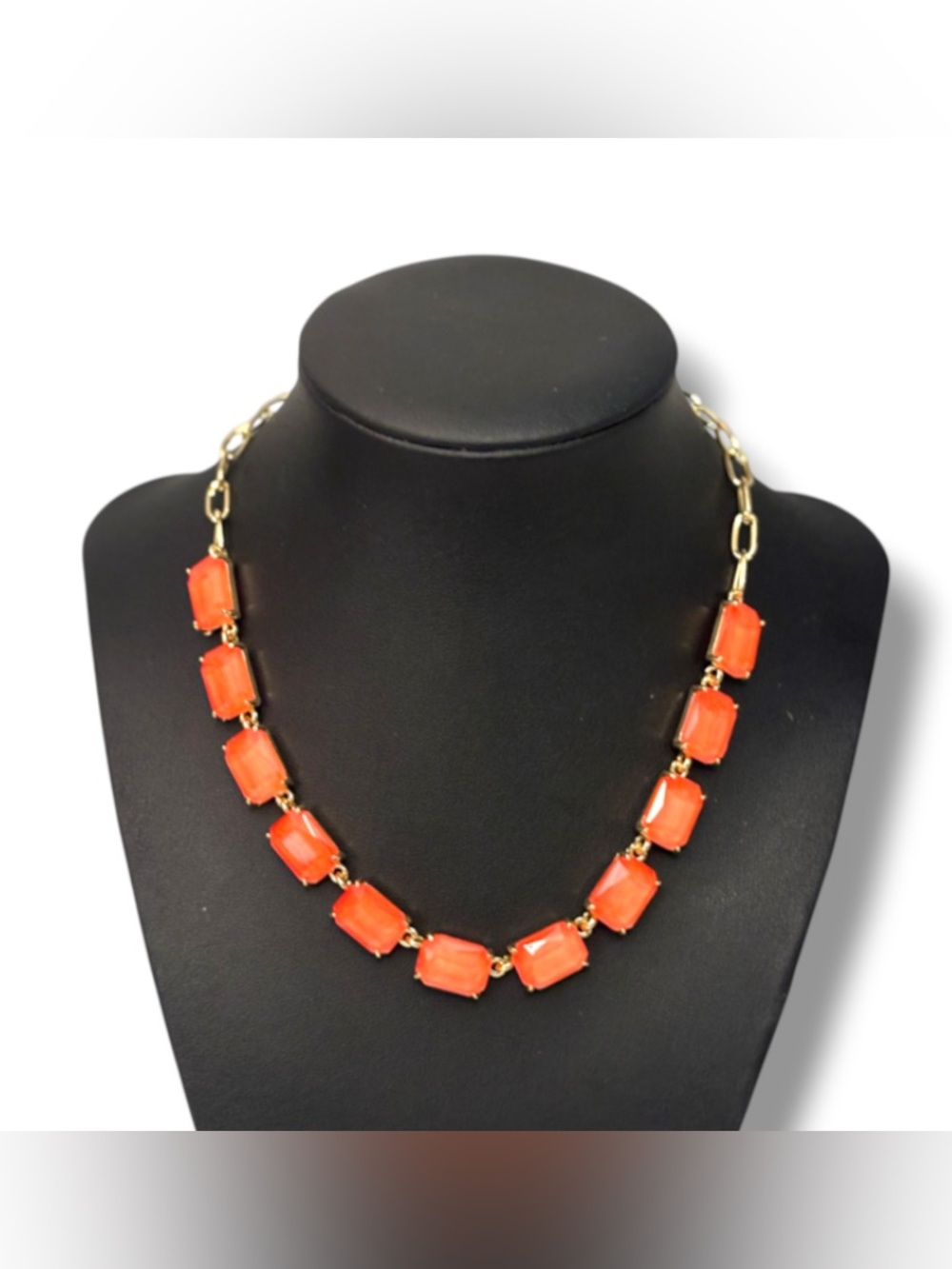 Orangey Red Glass Gold Crystal Rectangular Shaped Necklace